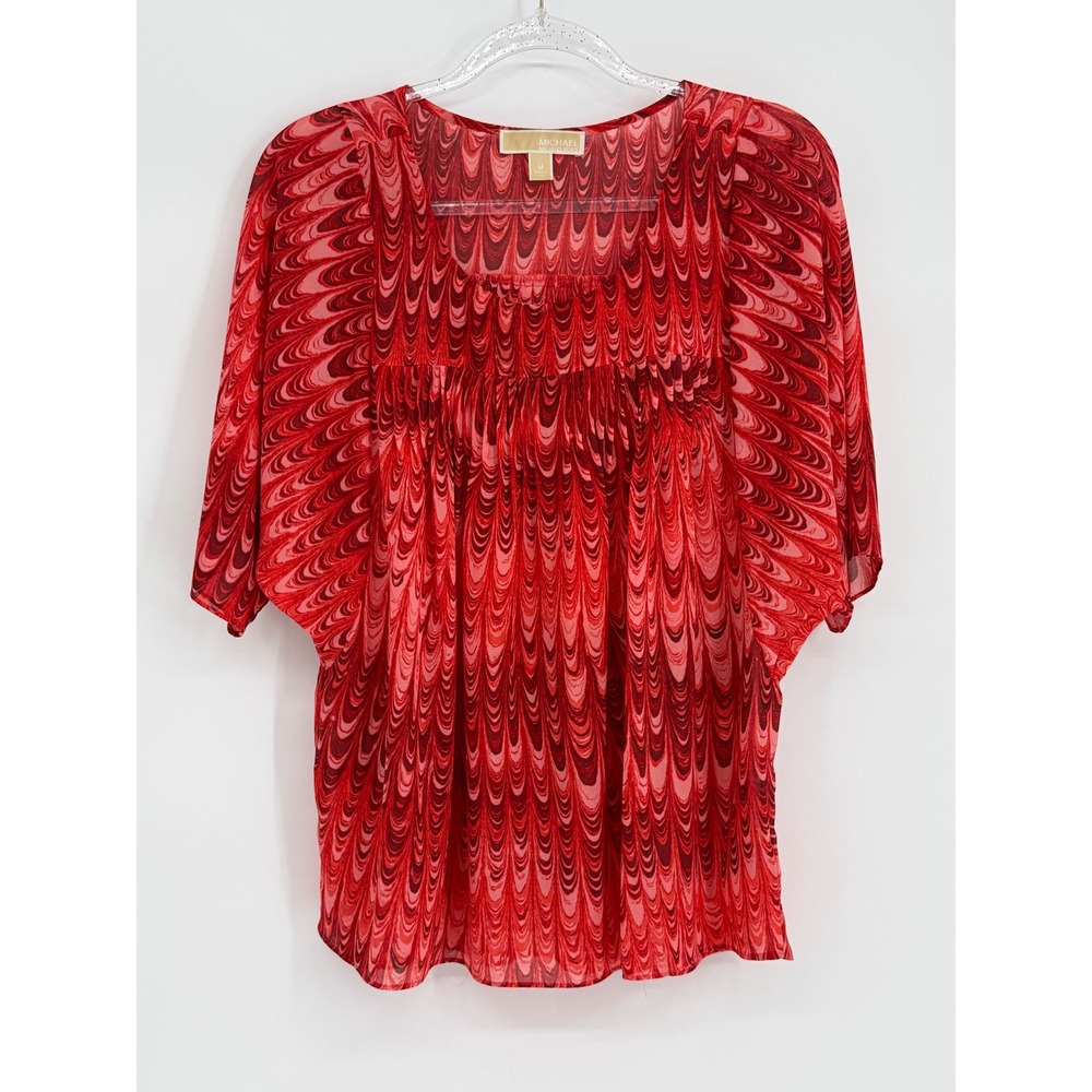 Michael Michael Kors Red Peacock Print Smocked Square Neck Dolman Blouse Sz M